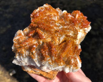 Puede incluir: Un cúmulo de cristales de barita blancos con cristales de calcita naranja. Los cristales están dispuestos en una formación en capas, creando una textura única e interesante.