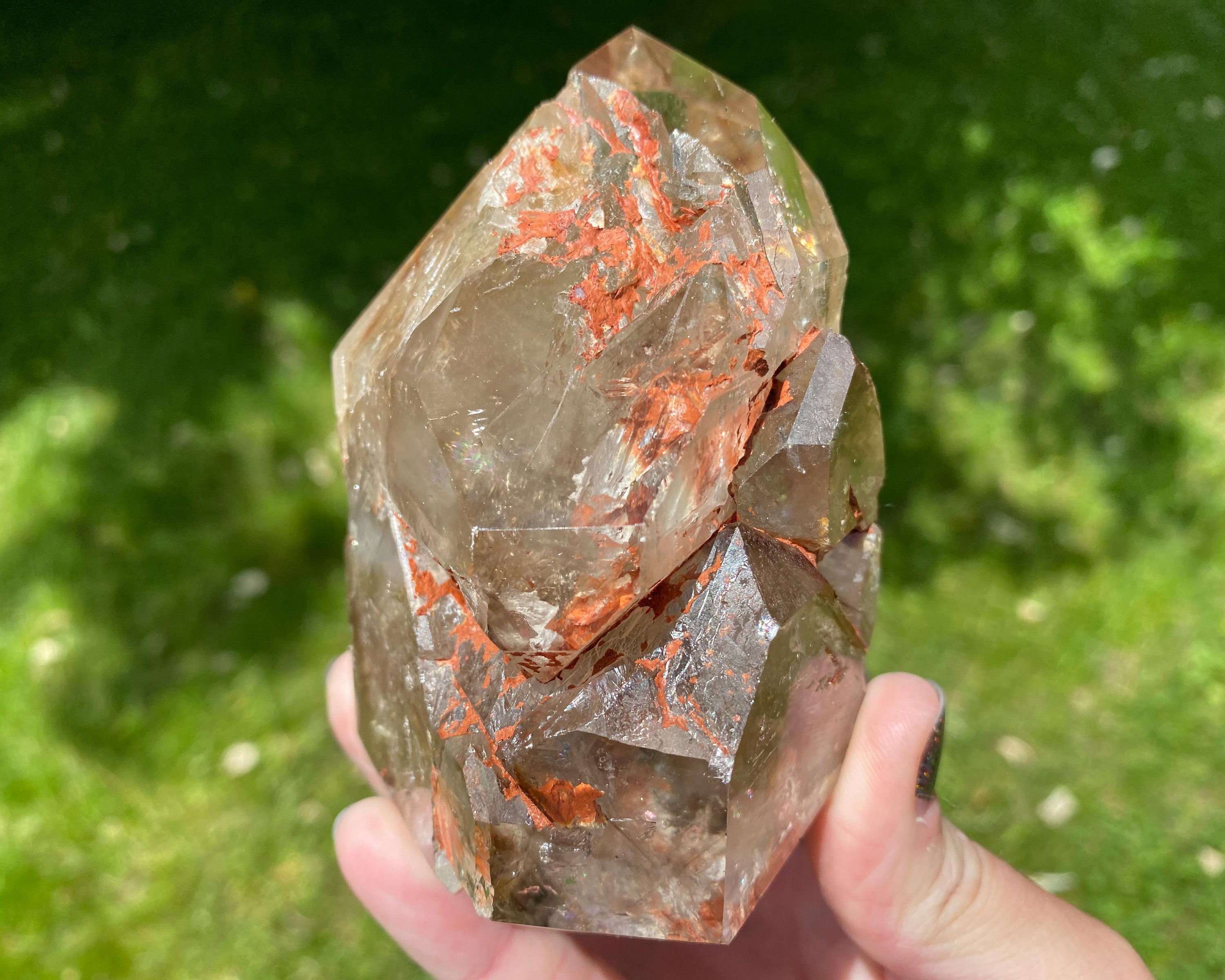 3.8インチ エレスチャルクォーツタワー（虹付き）、スケルトンクォーツ