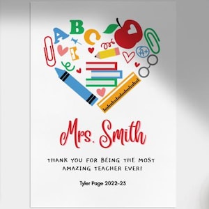 Teacher Thank You Card | Colorful School Supplies Heart | Printable & Editable Canva Template