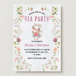 Tea Party Birthday Invitation | Floral Aesthetic | Editable Canva Template | Digital Download