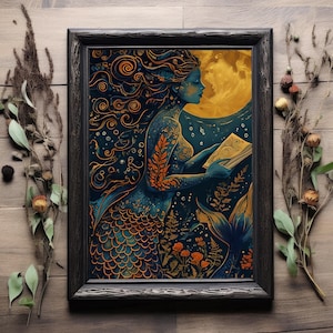 Dark Academia Mermaid Digital Art Print – Enchanted Moonlit Reading | Mystical Ocean Wall Art | Instant Download