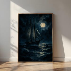 Stormy Night Schooner | Dark Nautical Digital Print | Moonlit Sea Wall Art | AI Generated Ocean Ship PDF & JPG