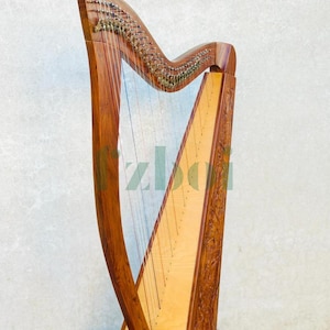 May include: A wooden harp in a warm, reddish-brown hue. The instrument has many strings, a light-coloured soundboard, and detailed carvings on the lower section. The harp is placed on a wooden surface.