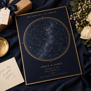 Puede incluir: Una lámina rectangular de color azul marino con un mapa estelar circular y puntos cardinales dorados. El texto dice THE NIGHT WE SAID FOREVER, EMILY & JAMES, OCTOBER 14, 2023, SANTA BARBARA, CA, y SOME MOMENTS CHANGE EVERYTHING en letras doradas.