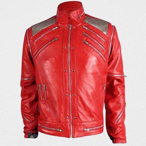 Michael Jackson Beat It Red Leather Jacket for Men – Handmade MJ Beat It Jacket with Zip-Off Sleeves, 80s Cosplay Costume
