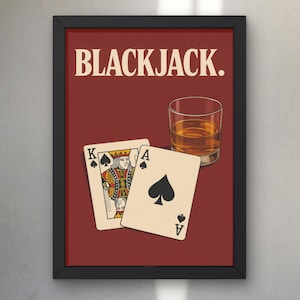 Pôster de cartas de baralho e bebidas elegantes, download digital, decoração de carrinho de bar, arte de coquetéis, blackjack, decoração retrô, para impressão
