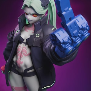May include: A detailed figurine of a female character with pale skin, green hair in a ponytail, and red eyes. She wears a black jacket, shorts, and a blue mechanical arm. Pink tattoos adorn her torso and legs. The background is a gradient of purple.