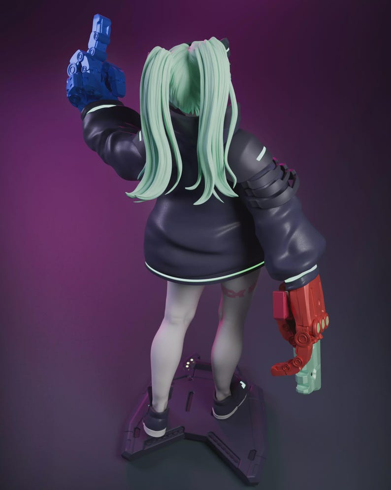May include: A futuristic figurine of a female character with mint green hair in pigtails, wearing a dark blue jacket and white leggings. The figure has robotic arms, one blue and one red, and is standing on a gray platform. The background is a gradient of purple.