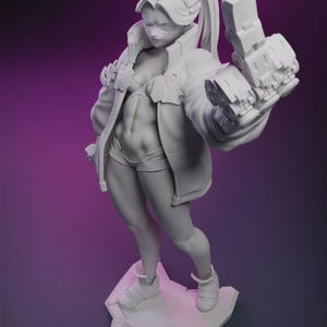 May include: A white figurine of a female character in a futuristic outfit, holding a large mechanical arm. The figure is standing on a geometric base, with a determined expression. The character is wearing a jacket, shorts, and boots.