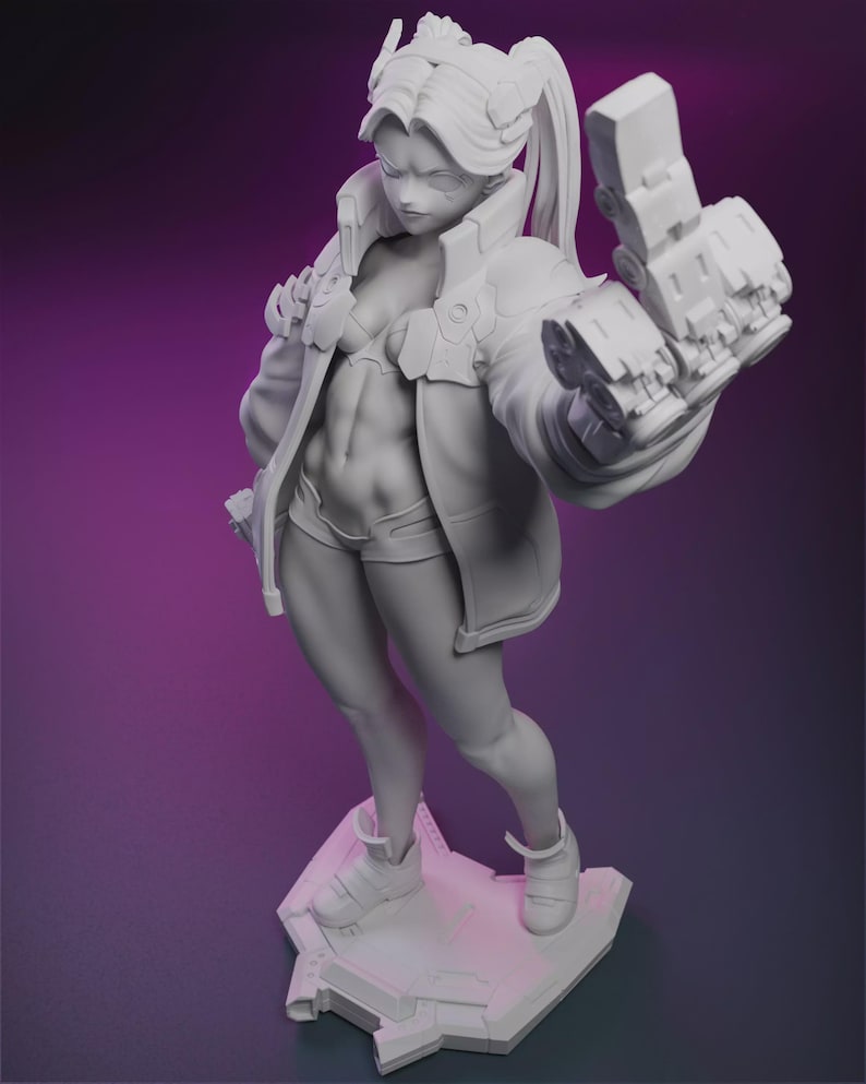 May include: A white figurine of a female character in a futuristic outfit, holding a large mechanical arm. The figure is standing on a geometric base, with a determined expression. The character is wearing a jacket, shorts, and boots.