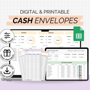 May include: Digital and printable cash envelope templates displayed on a computer and tablet. The image includes the text "DIGITAL & PRINTABLE CASH ENVELOPES". Additional icons indicate custom period, bonus printables, and Google Sheets instant download.