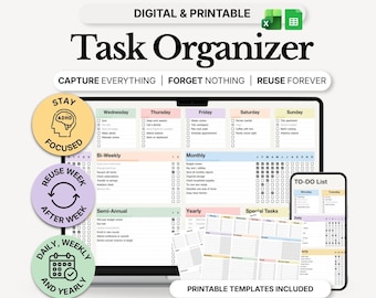 May include: A digital and printable task organizer template displayed on a laptop and smartphone screen. The interface features pastel-colored sections for daily, weekly, bi-weekly, monthly, and yearly planning, with circular badges labeled Stay Focused, Reuse Week After Week, and Daily, Weekly And Yearly.