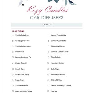 K&ouml;nnte beinhalten: Eine wei&szlig;e Karte mit dem Text "Kozy Candles CAR DIFFUSERS" und einer Duftliste. Die Liste enth&auml;lt 23 Optionen wie Vanilla Cake Pop, Iced Sugar Cookie und Lemon Pound Cake. Blumendesign oben.