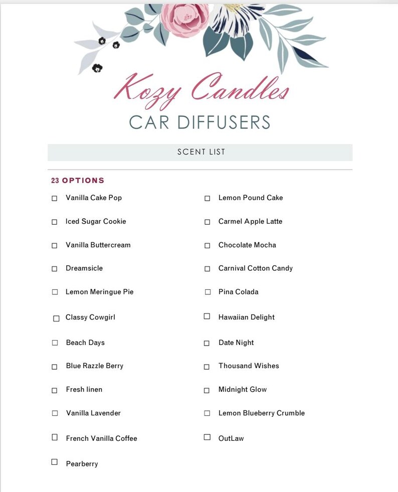 K&ouml;nnte beinhalten: Eine wei&szlig;e Karte mit dem Text "Kozy Candles CAR DIFFUSERS" und einer Duftliste. Die Liste enth&auml;lt 23 Optionen wie Vanilla Cake Pop, Iced Sugar Cookie und Lemon Pound Cake. Blumendesign oben.