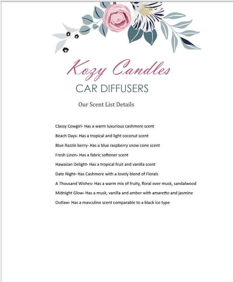 K&ouml;nnte beinhalten: Eine Produktliste von Kozy Candles f&uuml;r Auto-Diffusoren. Die Liste enth&auml;lt Duftbeschreibungen wie Classy Cowgirl, Beach Days, Blue Razzle Berry, Fresh Linen, Hawaiian Delight, Date Night, A Thousand Wishes, Midnight Glow und Outlaw.