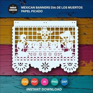 Tag der Toten Banner SVG – Mexikanische Papel Picado Flaggen – Digitale Schnittdateien für Cricut, Laser, DIY Fiesta, Party Dekor, Totenköpfe