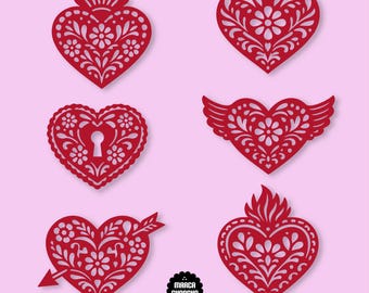 May include: Six red heart-shaped designs with intricate floral patterns. One heart has a keyhole, another has wings, and one is pierced by an arrow. The image includes the text "Marca Chancho" and file type options: SVG, PDF, AI, PNG, and DXF.