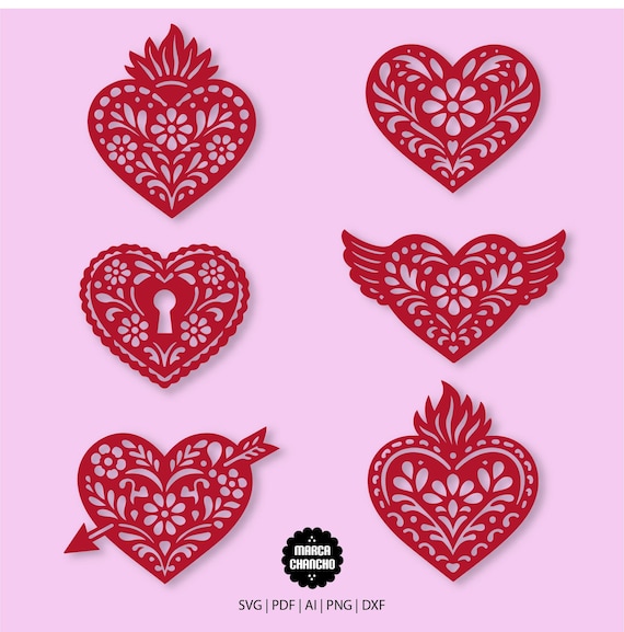 Talavera Heart SVG Bundle | Mexican Papel Picado Hearts | Laser Cut Files | CNC Wood Sign | Cricut Glowforge SVG Decor |Instant Download
