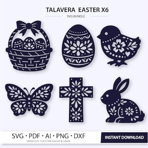 Puede incluir: Un conjunto de archivos de corte SVG de Pascua de Talavera en azul oscuro. Incluye una cesta con huevos, un huevo de Pascua, un pollito, una mariposa, una cruz y un conejo. El texto "Talavera Easter X6 SVG Bundle" está en la parte superior.