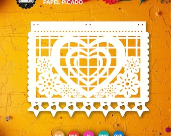 Mexikansk Papel Picado SVG-banderoller - Fiesta-dekorationer, laserskurna och pappersskurna mallar, festdekor – digitala filer – hjärta