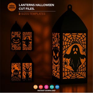 Puede incluir: Archivos de corte de linternas de Halloween negras con diseños de calabaza, fantasma, telaraña y árbol. El texto de la imagen dice "LANTERNS HALLOWEEN CUT FILES. 2 SIZES TEMPLATES" y "INSTANT DOWNLOAD".