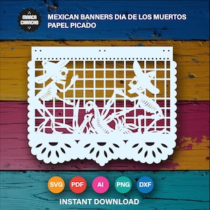 Tag der Toten Banner SVG – Mexikanische Papel Picado Flaggen – Digitale Schnittdateien für Cricut, Laser, DIY Fiesta, Party Dekor, Totenköpfe