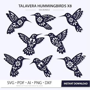 Peut inclure: Un ensemble SVG numérique présentant huit motifs de colibris Talavera. Chaque colibri est orné de motifs floraux et d'ailes découpées. L'image comprend le texte "SVG Bundle" et les options de type de fichier : SVG, PDF, AI, PNG et DXF.