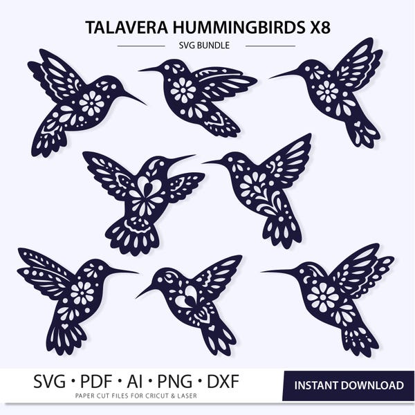 Talavera Hummingbird SVG Bundle x8 | Mexican Folk Art Bird Cut Files | Cricut Laser Cnc, Dxf, Ai, Pdf | Papel Picado instant download