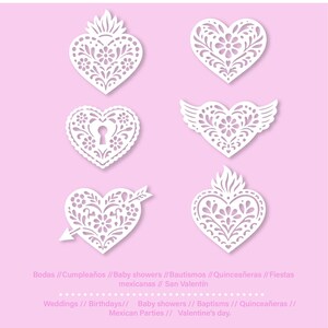 May include: Six white paper heart cutouts with intricate floral and decorative designs, set against a soft pink background. The hearts vary in style, including one with a keyhole, one with wings, and one pierced by an arrow. Text at the bottom mentions weddings, birthdays, and Valentine's Day.