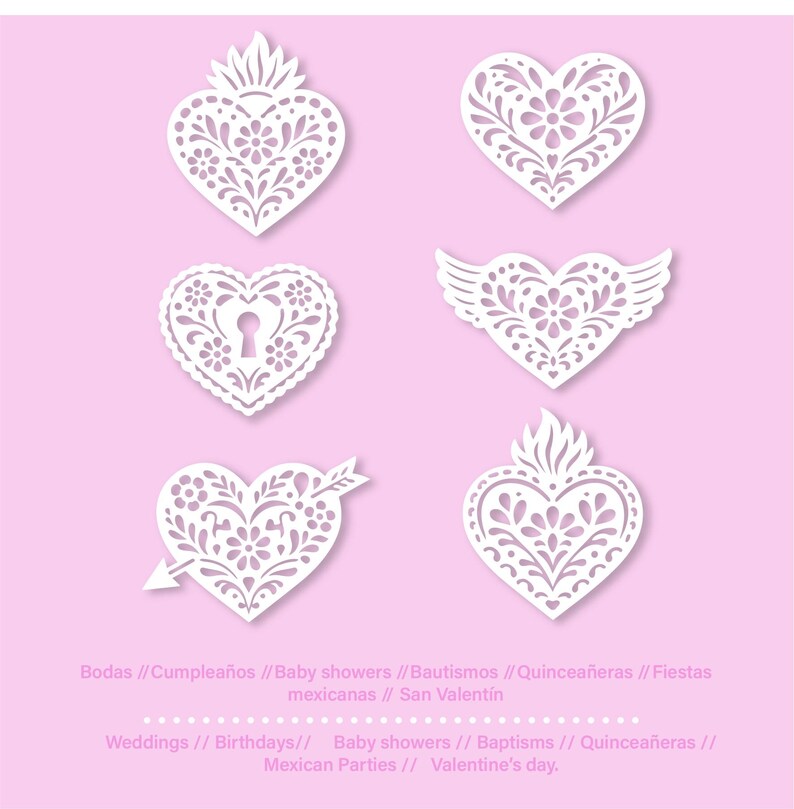 May include: Six white paper heart cutouts with intricate floral and decorative designs, set against a soft pink background. The hearts vary in style, including one with a keyhole, one with wings, and one pierced by an arrow. Text at the bottom mentions weddings, birthdays, and Valentine's Day.