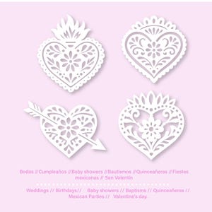 May include: Four white paper heart decorations with intricate floral and ornamental designs. One heart has an arrow through it. The image includes text in Spanish and English related to weddings, birthdays, and Valentine's Day.