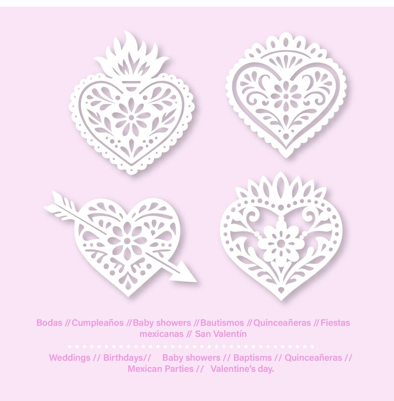 May include: Four white paper heart decorations with intricate floral and ornamental designs. One heart has an arrow through it. The image includes text in Spanish and English related to weddings, birthdays, and Valentine's Day.
