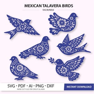 May include: A collection of six blue Talavera bird designs with intricate floral patterns. The birds are in various poses, some with wings spread, and are suitable for paper cut files for Cricut and laser. The text "MEXICAN TALAVERA BIRDS" and "SVG BUNDLE" are at the top.