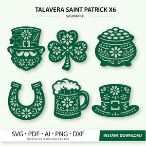 St Patrick SVG Bundle 6 Designs | Shamrock Hat Beer Pot Horseshoe | Talavera Mexican Folk Style | Cricut Glowforge Laser Cut Files
