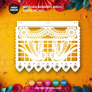 Mexican Papel Picado SVG Banners - Fiesta Decorations, Laser Cut & Papercut Templates, Party Decor – Digital Files – Doves - Birds