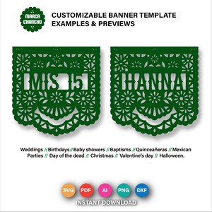May include: Green customizable banner template with the text "BMIS 15" and "HANNA" cut out. The banner is decorated with floral patterns. Text at the top reads "CUSTOMIZABLE BANNER TEMPLATE EXAMPLES & PREVIEWS". The bottom text lists event types.