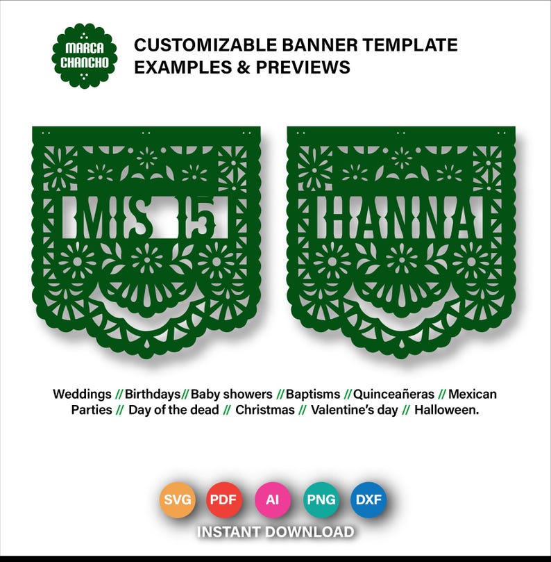 May include: Green customizable banner template with the text "BMIS 15" and "HANNA" cut out. The banner is decorated with floral patterns. Text at the top reads "CUSTOMIZABLE BANNER TEMPLATE EXAMPLES & PREVIEWS". The bottom text lists event types.