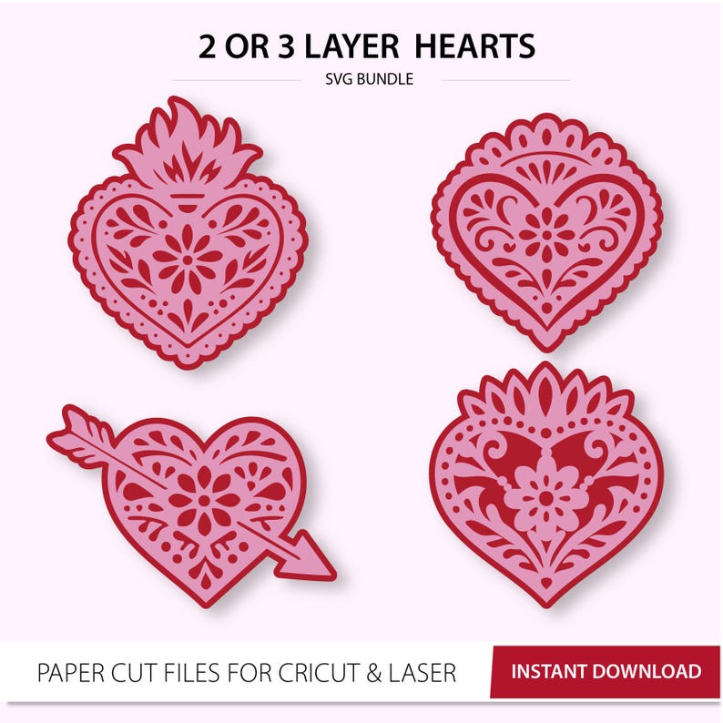 May include: Four pink heart designs with intricate floral patterns, suitable for paper cutting. The image includes the text "2 OR 3 LAYER HEARTS SVG BUNDLE" and "PAPER CUT FILES FOR CRICUT & LASER". The designs are available for instant download.