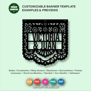 May include: A black, customizable banner template with the names "VICTORIA & JUAN" cut out. The banner has a decorative, floral design and includes the text "CUSTOMIZABLE BANNER TEMPLATE EXAMPLES & PREVIEWS".