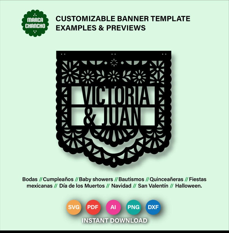 May include: A black, customizable banner template with the names "VICTORIA & JUAN" cut out. The banner has a decorative, floral design and includes the text "CUSTOMIZABLE BANNER TEMPLATE EXAMPLES & PREVIEWS".