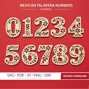 Puede incluir: Números de madera del 0 al 9 con diseño Talavera. Los números son de color marrón claro con intrincados patrones recortados de flores y espirales. El texto "MEXICAN TALAVERA NUMBERS SVG BUNDLE" está en la parte superior. El texto inferior dice "SVG PDF AI PNG DXF PAPER CUT FILES FOR CRICUT & LASER INSTANT DOWNLOAD".