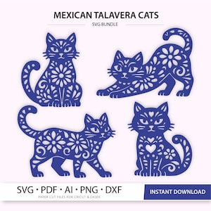 Talavera Cats SVG Bundle | Mexican Folk Cat Cut Files | Papel Picado Style | Laser Cut SVG Cricut Glowforge