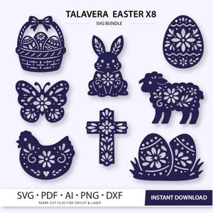 Puede incluir: Un conjunto de archivos SVG de Pascua de Talavera en azul marino. Incluye una cesta con huevos, un conejo, un huevo, una mariposa, una oveja, una cruz, una gallina y dos huevos en la hierba. Texto: "Talavera Easter X8 SVG Bundle".