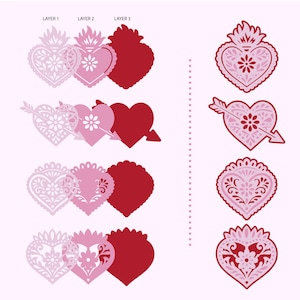 May include: A collection of heart-shaped designs in shades of pink and red, featuring intricate floral and lace patterns. Some hearts have flames, arrows, or scalloped edges. The designs are layered, creating a 3D effect, and are set against a light pink background.