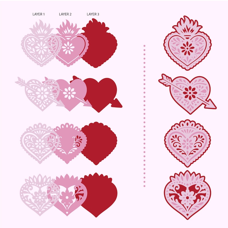 May include: A collection of heart-shaped designs in shades of pink and red, featuring intricate floral and lace patterns. Some hearts have flames, arrows, or scalloped edges. The designs are layered, creating a 3D effect, and are set against a light pink background.