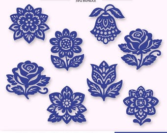 May include: A collection of blue Mexican Talavera flower designs. The image includes various floral shapes, such as roses, sunflowers, and stylized blossoms. Text at the top reads "MEXICAN TALAVERA FLOWERS SVG BUNDLE". The bottom text indicates file formats for Cricut and laser cutting.