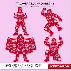 May include: A digital graphic set titled TALAVERA LUCHADORES x4 SVG BUNDLE featuring four red silhouettes of masked wrestlers in various poses. The designs include intricate floral and skull patterns, with file formats listed as SVG, PDF, AI, PNG, and DXF.