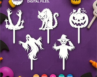 Decorazioni per torte di Halloween - Set di 5 personaggi - File digitali. Download immediato per Cricut e Laser. Decorazione per feste.