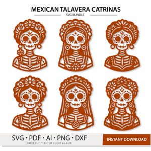 May include: A digital bundle of six rust-orange Mexican Talavera Catrina skull illustrations featuring intricate floral headpieces and skeletal details. The text reads MEXICAN TALAVERA CATRINAS SVG BUNDLE and SVG PDF AI PNG DXF.