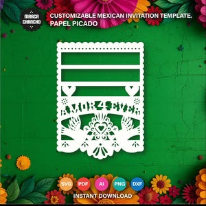 Customizable Mexican Invitation Template SVG – Papel Picado Wedding & Party Invite – Laser Cut and Cricut File – DIY Digital Download